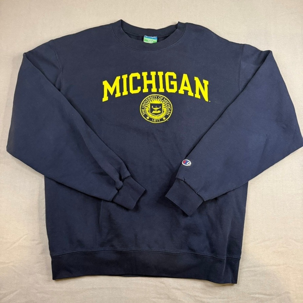 Champion Eco Fleece Michigan Wolverines Sweatshirt Mens Large Navy Blue Crewneck